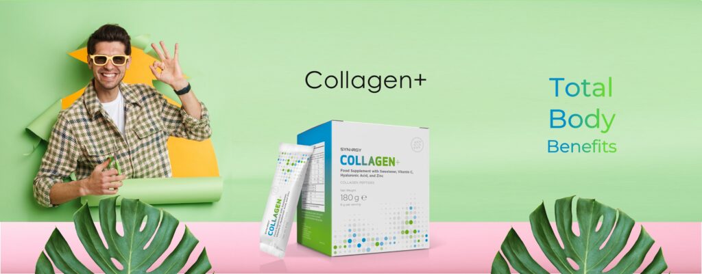 a man smiling and a box of collagen supplements